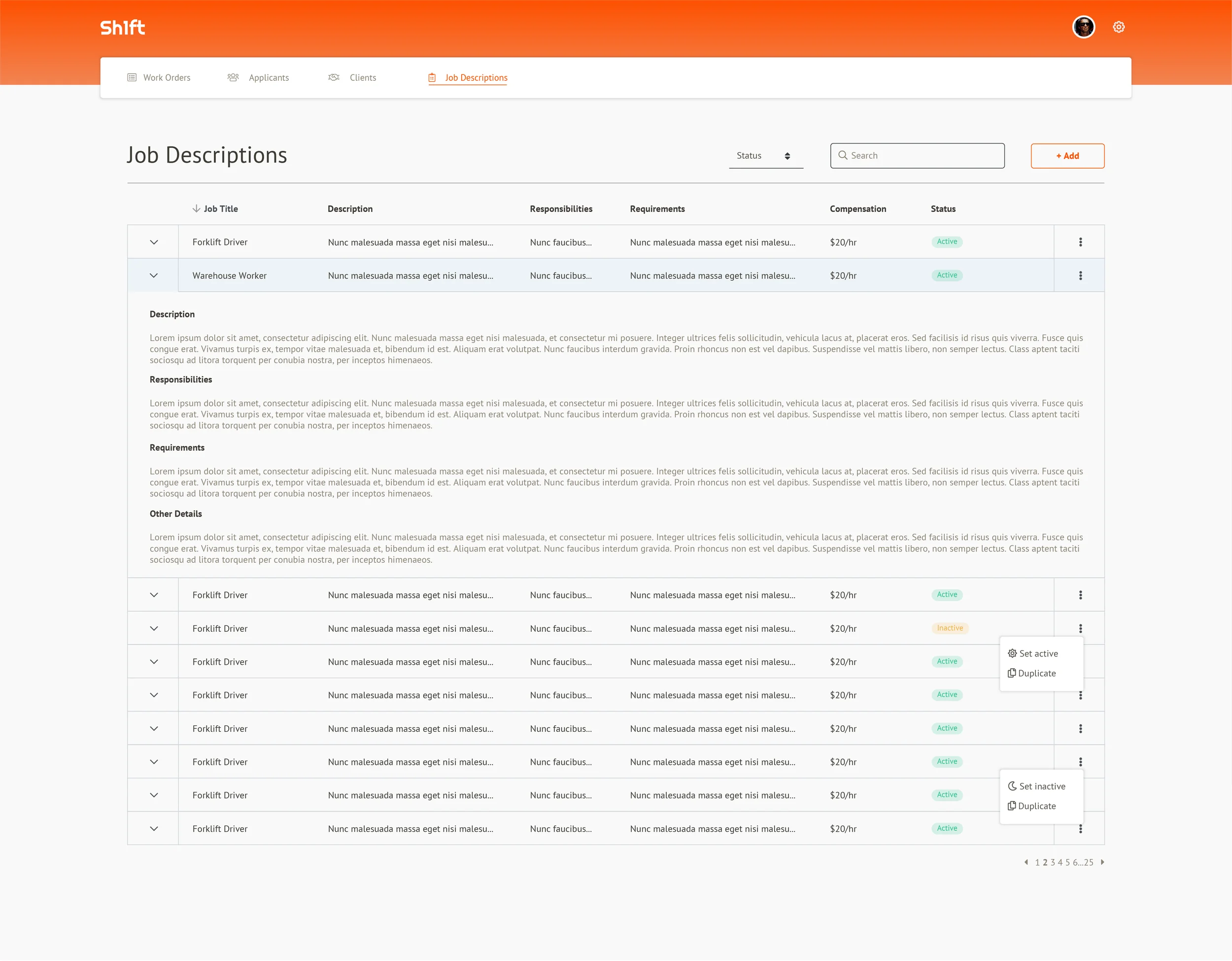 Sh1ft manager dashboard — job descriptions